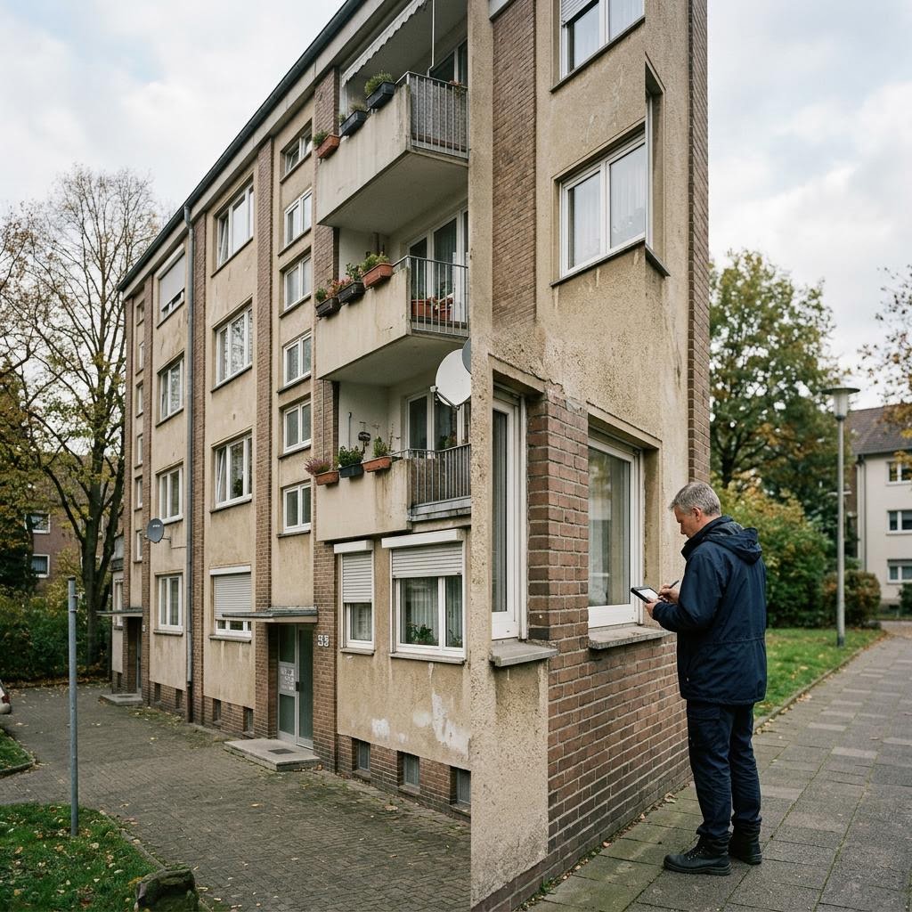 Symbolbild: Begutachtung der Fassade und Fenster eines Bestandsgebäudes
