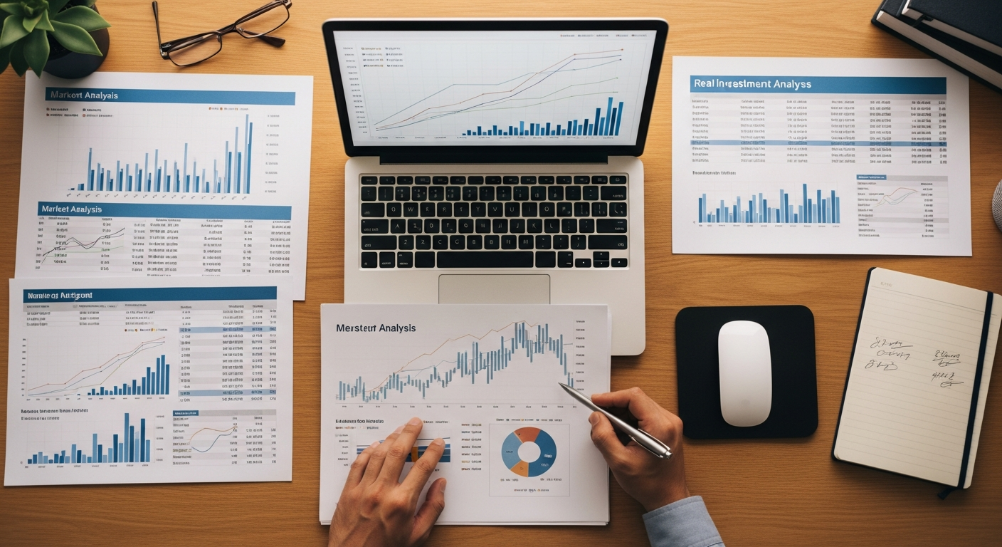 Investor prüft Renditeanalyse und Immobiliendokumente am Schreibtisch