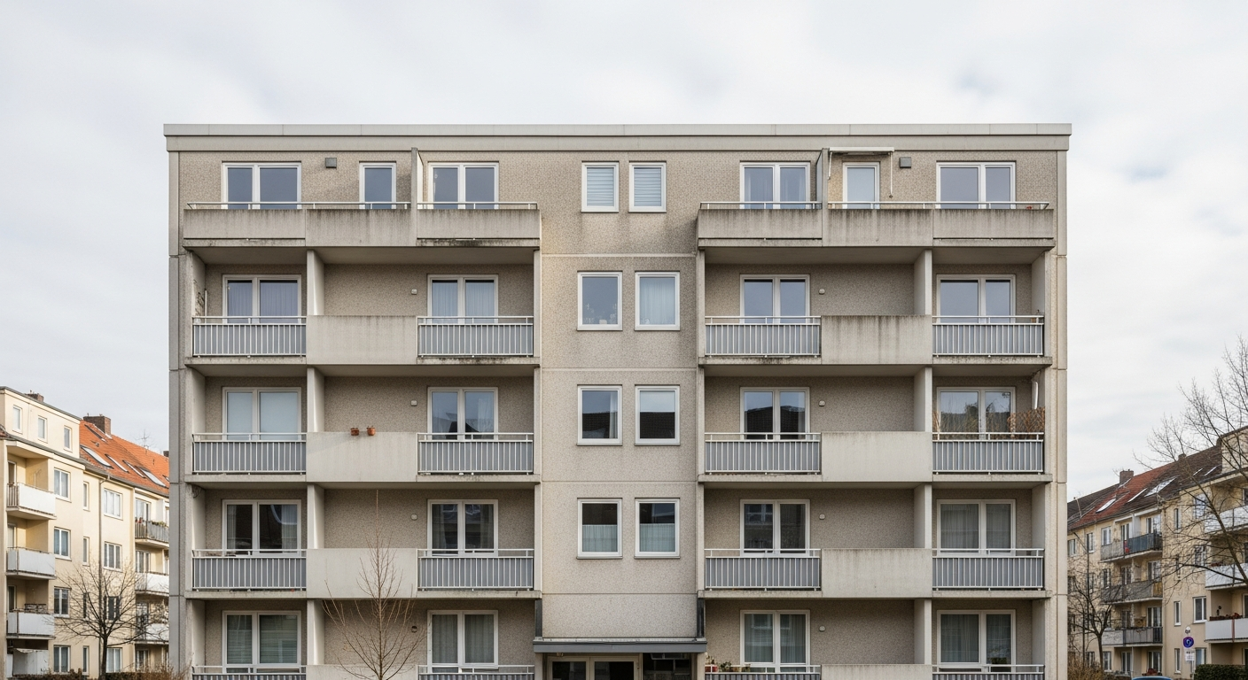 Verkaufsschild vor einem Mehrfamilienhaus – Exit-Strategie bei Immobilien