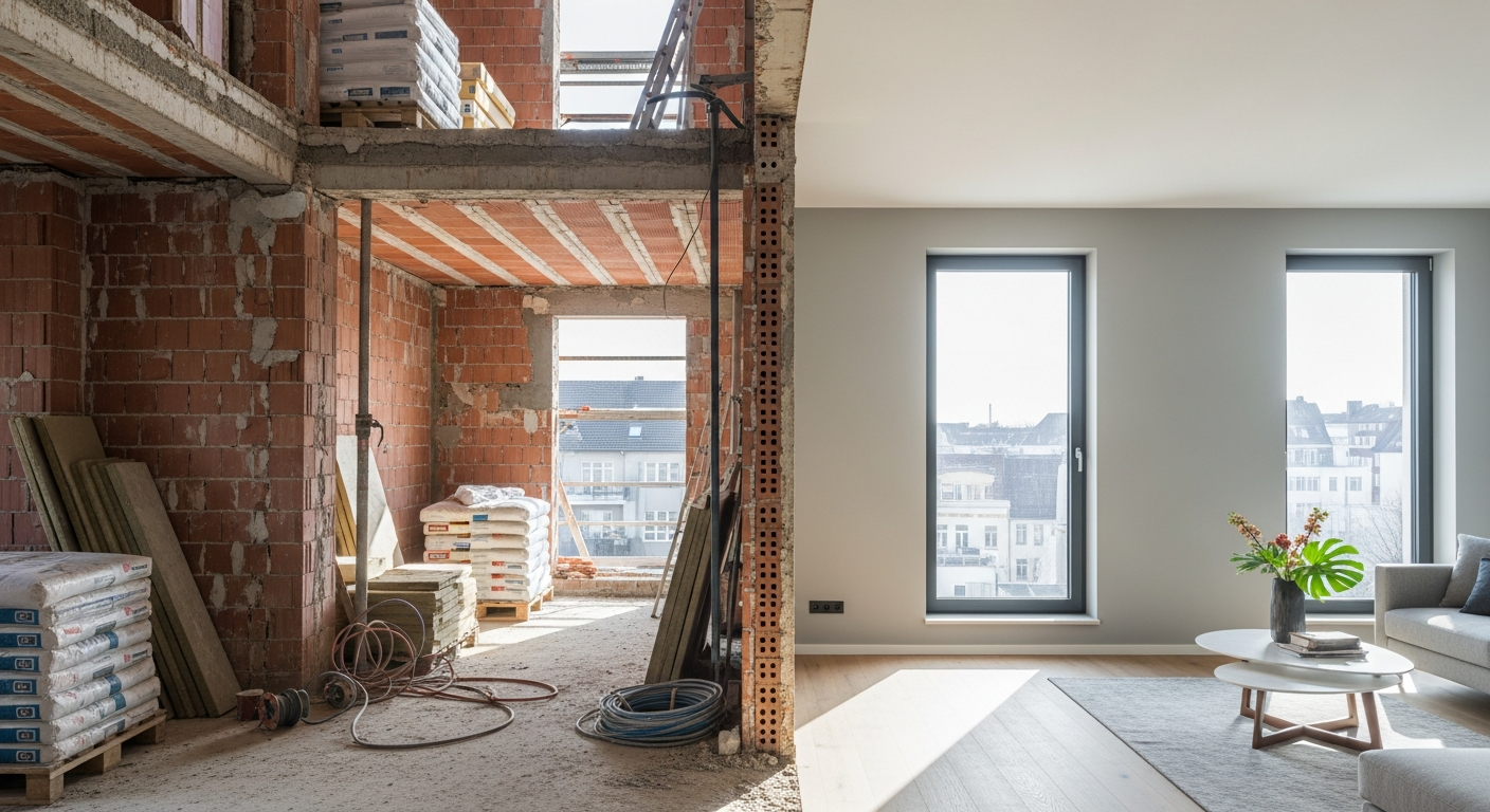 Kontrast zwischen Rohbau-Kernsanierung und fertig ausgebautem Wohnraum