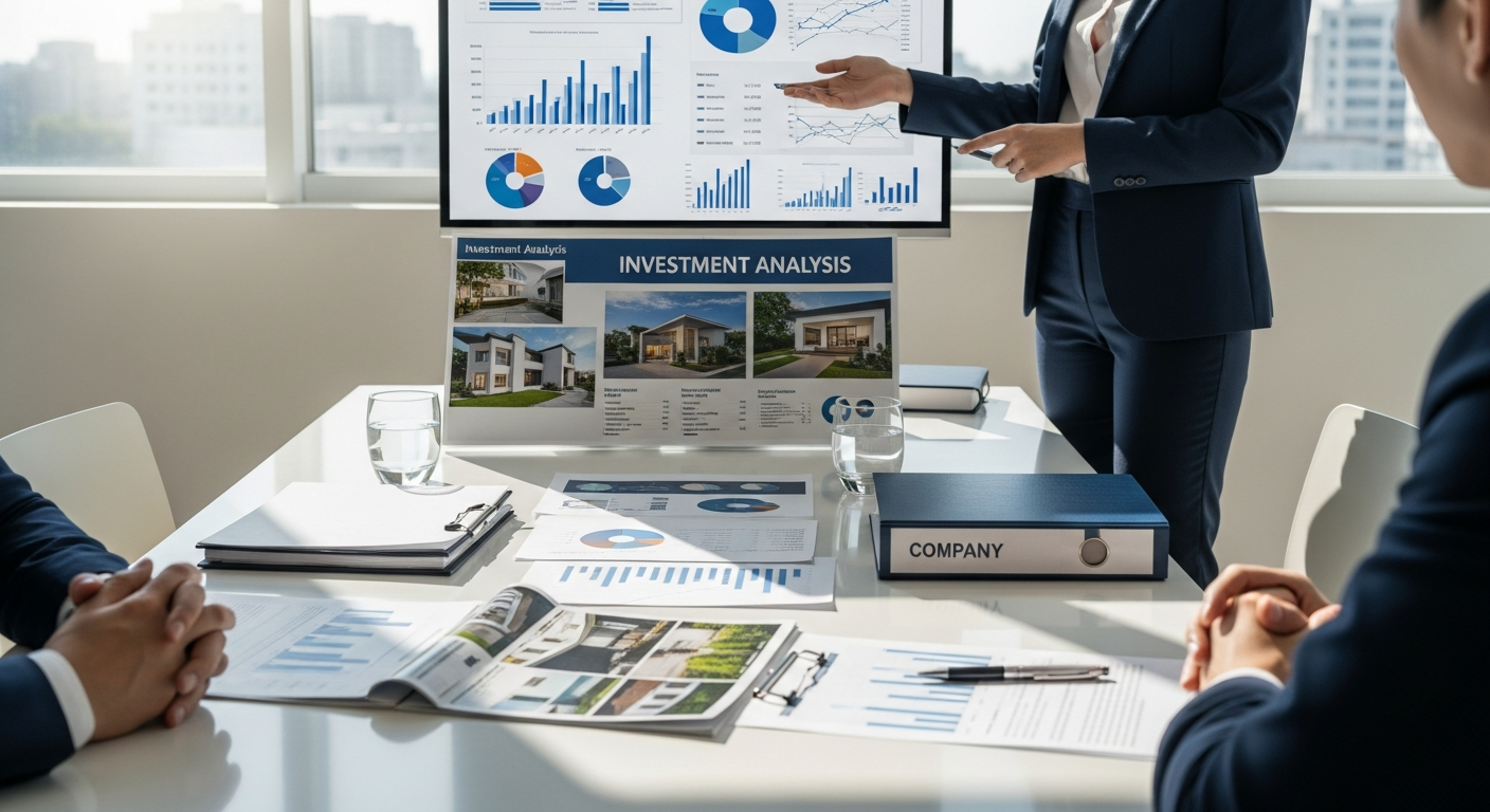 Makler präsentiert Investmentanalyse und Immobiliendaten in einem Beratungsgespräch