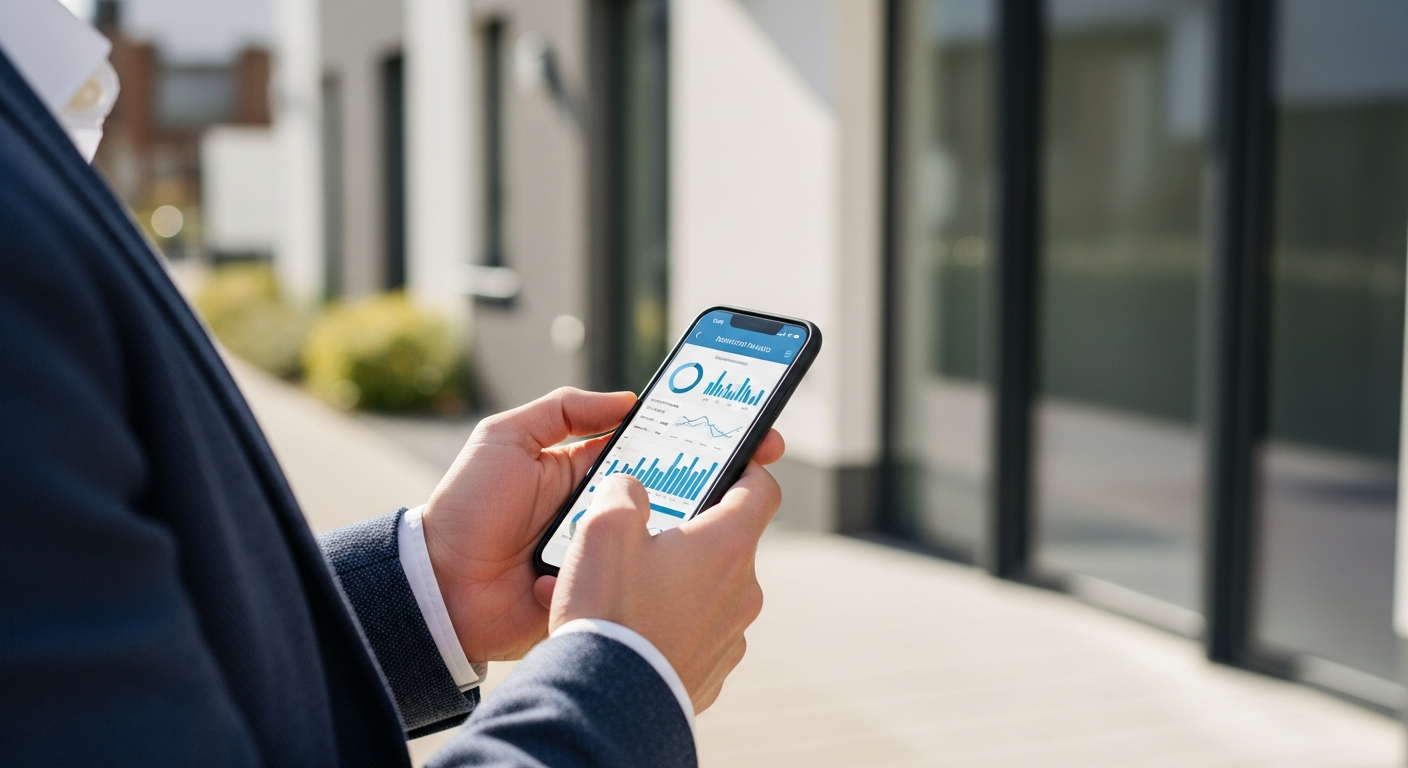 Makler analysiert Immobilie mit Smartphone-Tool vor Ort